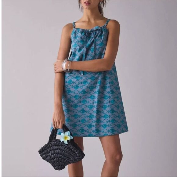 BDG Urban Outfitters Eva Tie-Front Ruched Strap Trapeze Mini Dress Blue Multi - Picture 1 of 5